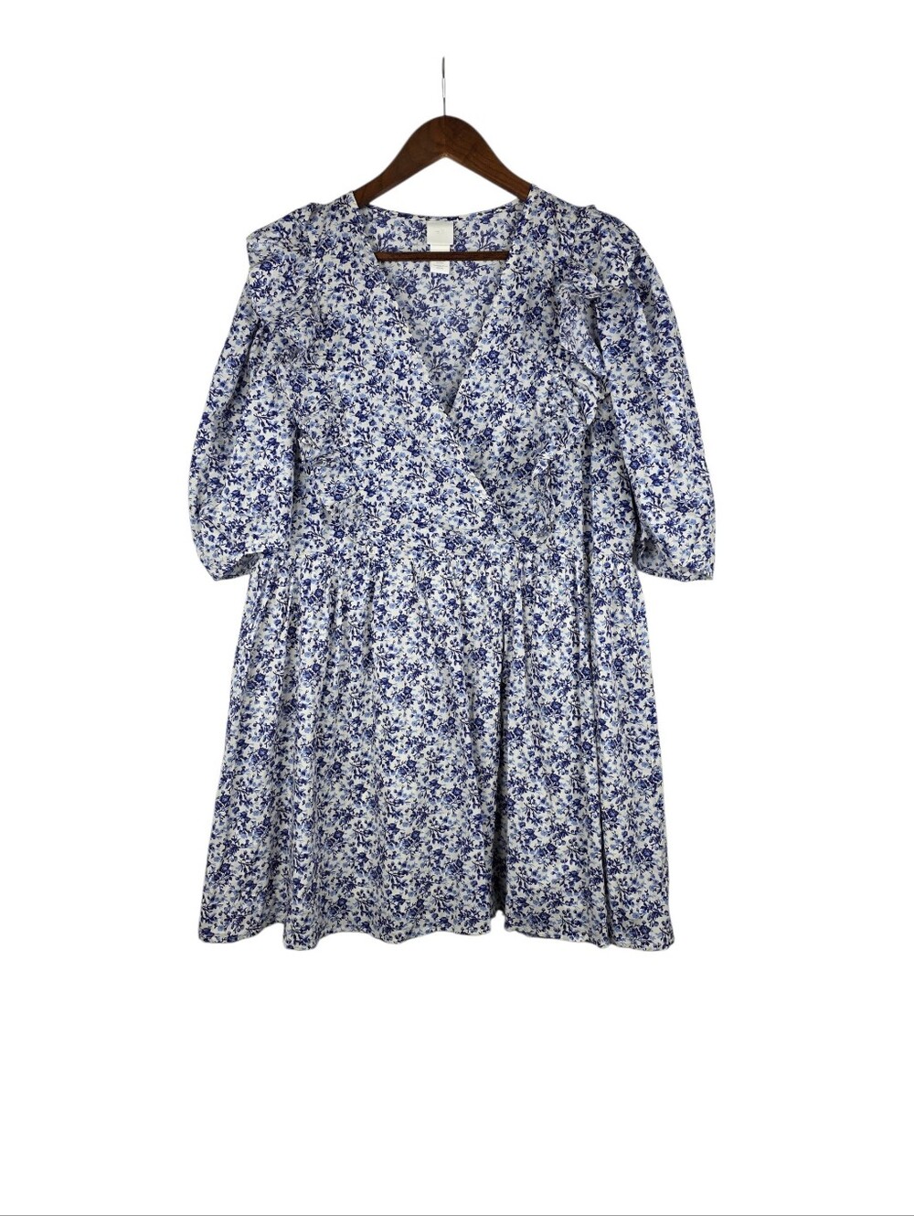 H&M Wild Flower Blue White Oversized Smock Dress Boho Lined Cotton Size Medium